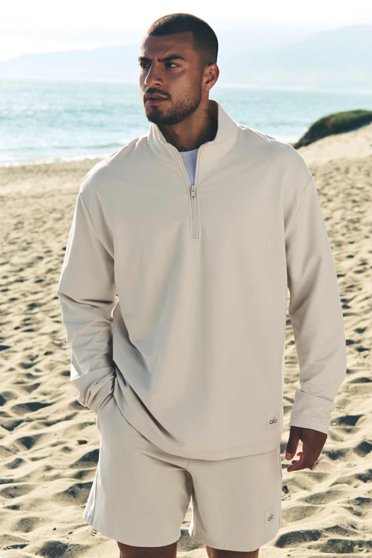 Haut manches longues demi-zip Double Take – Os (blanc cassé)
